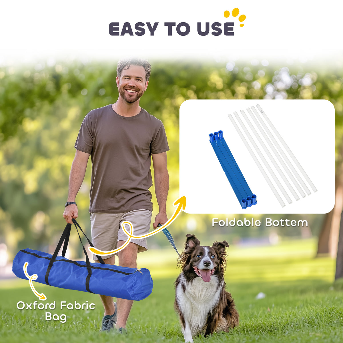PawHut dog agility set with disassembled poles, blue connectors, and a fabric carry bag