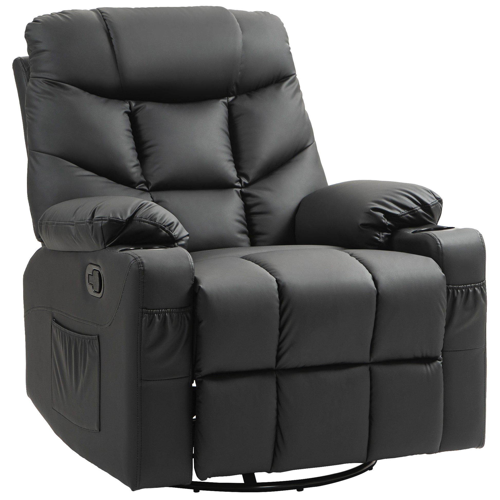 Photo of HOMCOM Manual Reclining Chair, Recliner Armchair with Swivel, Faux Leather, Footrest, Cup Holders, 86x93x102cm, Black in Black colour on a white background
