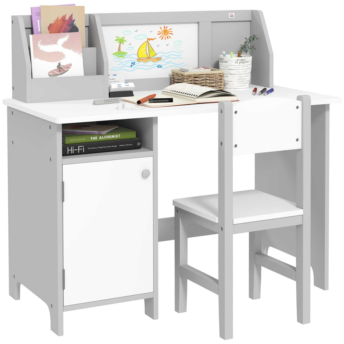 Photo of HOMCOM Kids Table and Chair Set w/ Whiteboard - Grey in Grey colour on a white background
