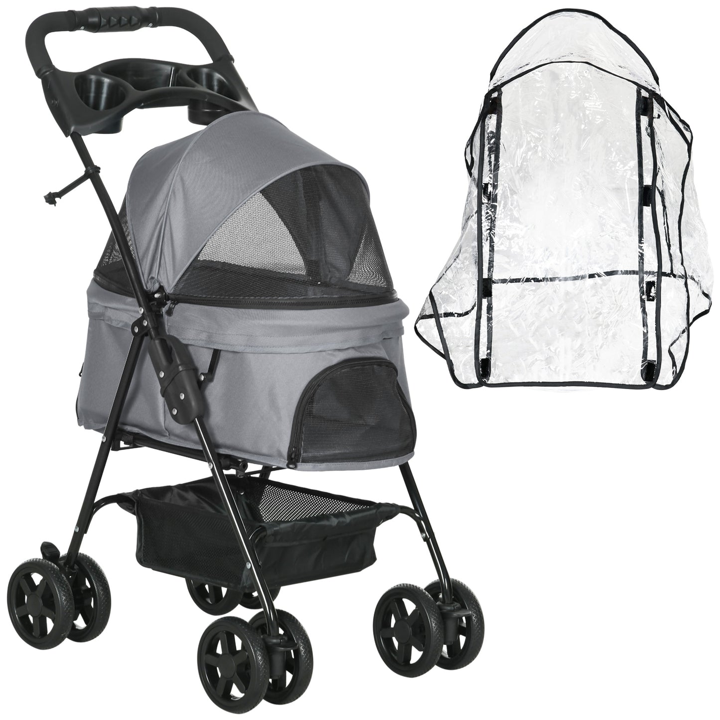 Photo of PawHut Dog Stroller with Rain Cover, Dog Pushchair One-Click Fold Trolley Jogger with EVA Wheels Brake Basket Adjustable Canopy Safety Leash for Small Dogs, Grey in Grey colour on a white background