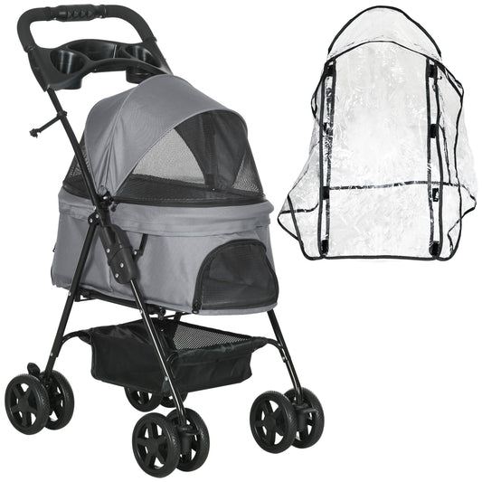 Photo of PawHut Dog Stroller with Rain Cover, Dog Pushchair One-Click Fold Trolley Jogger with EVA Wheels Brake Basket Adjustable Canopy Safety Leash for Small Dogs, Grey in Grey colour on a white background