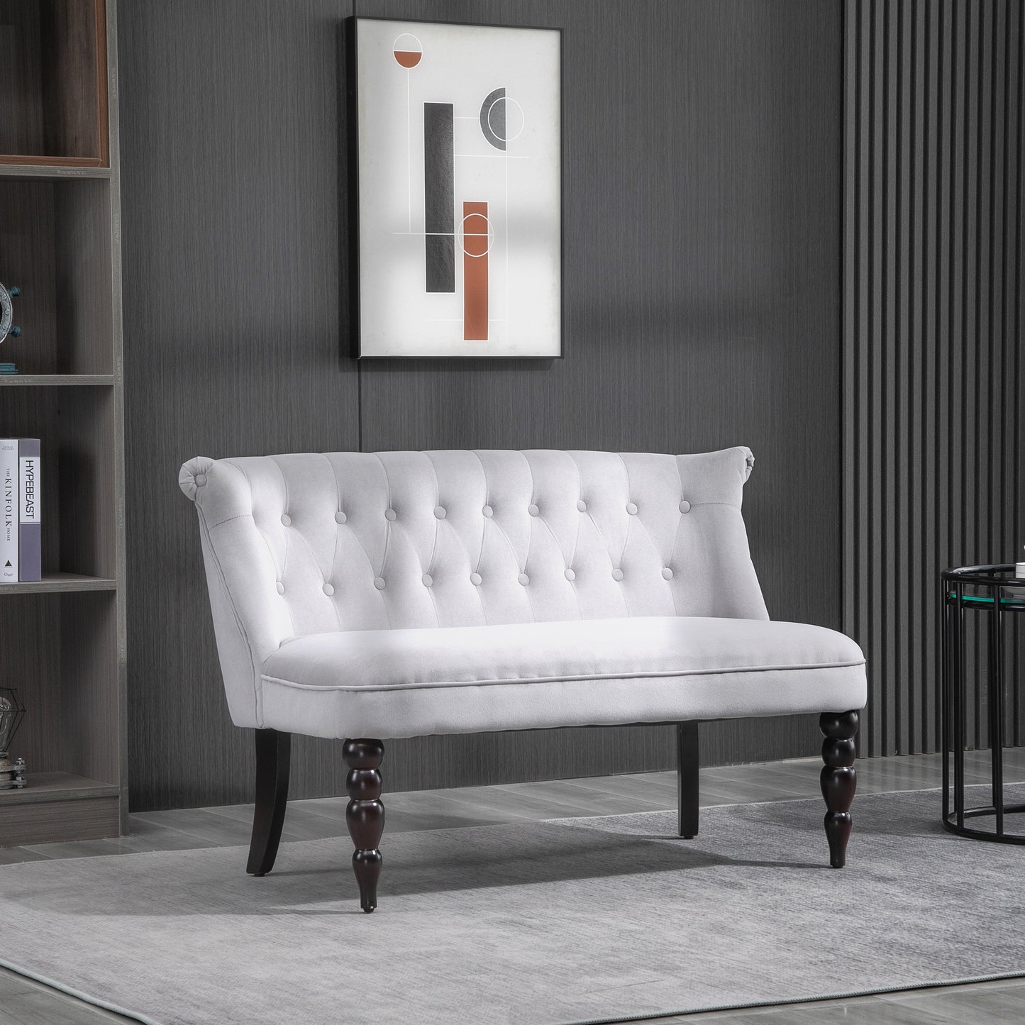 HOMCOM Velvet 2 Seater Sofa, Button Tufted Wingback Loveseat with Rubber Wood Legs for Living Room, Bedroom, Grey