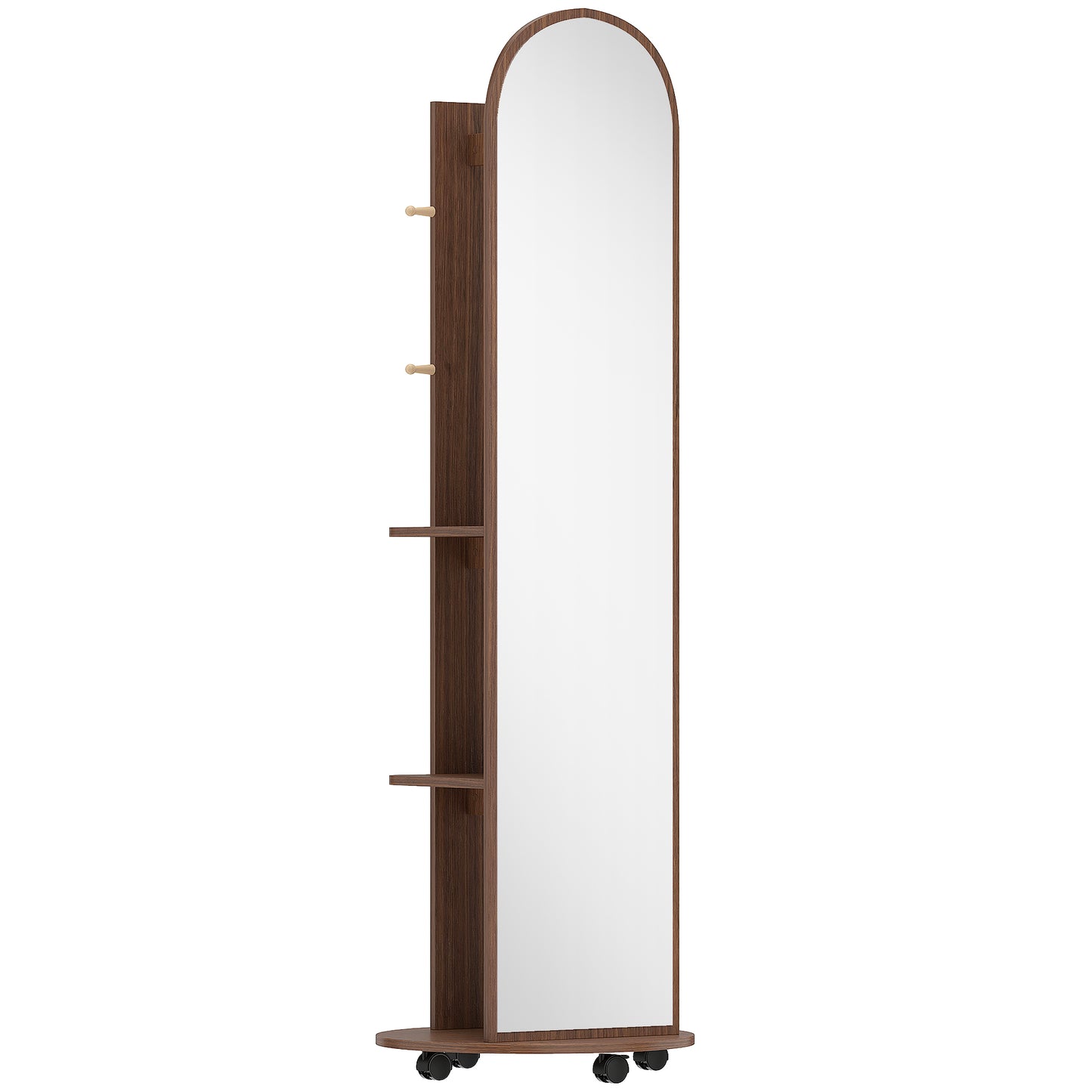 Photo of HOMCOM 2-in-1 Full Length Mirror with Storage Shelves, Floor Mirror with 4 Wheels, Coat Rack, Hooks, Brown Wood Effect in Effect colour on a white background