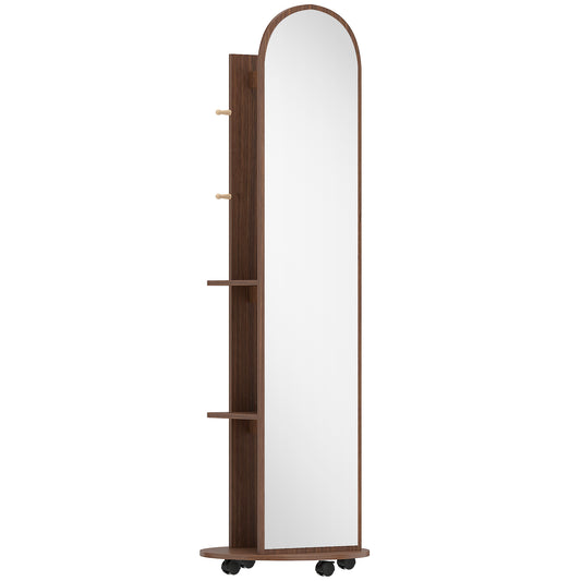 Photo of HOMCOM 2-in-1 Full Length Mirror with Storage Shelves, Floor Mirror with 4 Wheels, Coat Rack, Hooks, Brown Wood Effect in Effect colour on a white background