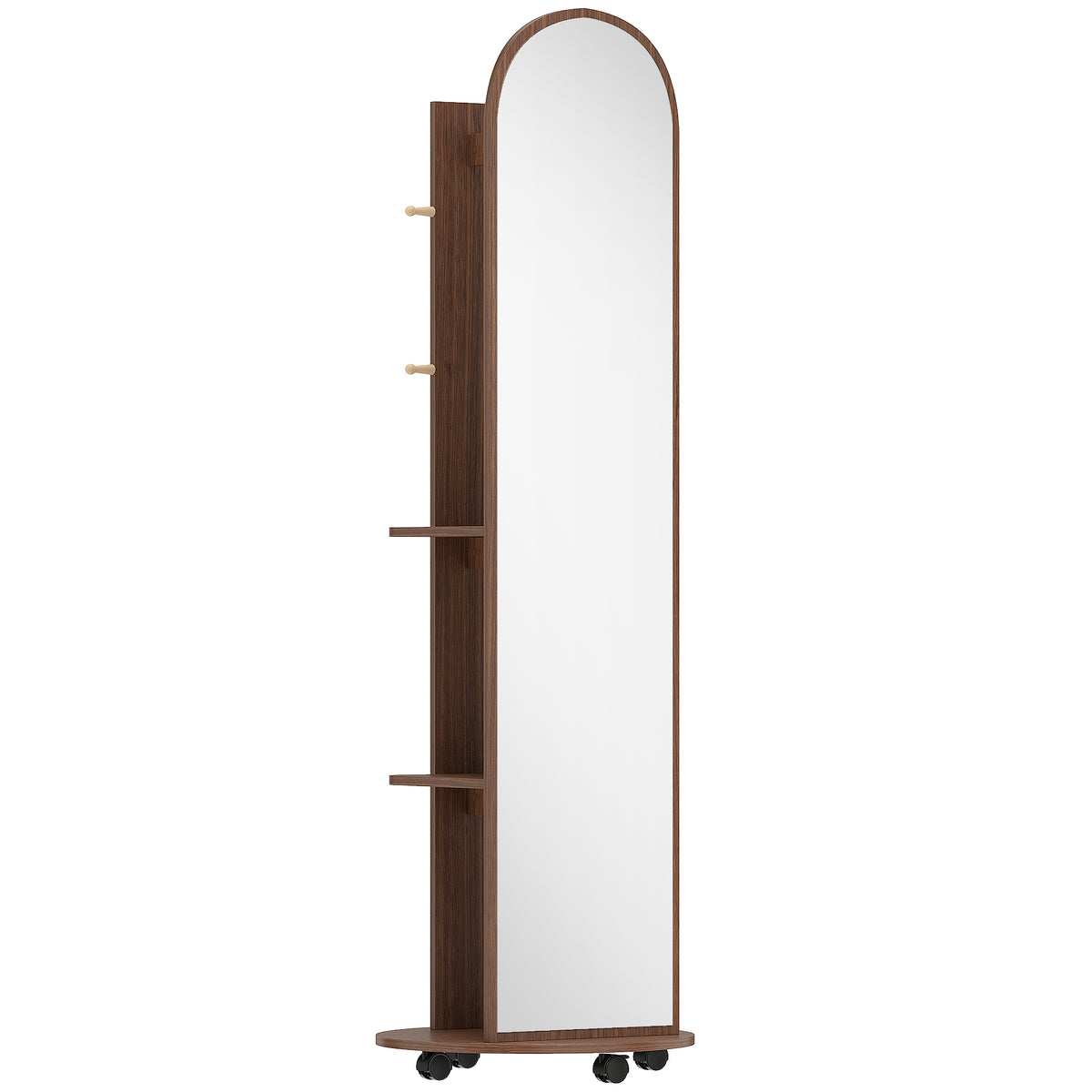 Photo of HOMCOM 2-in-1 Full Length Mirror with Storage Shelves, Floor Mirror with 4 Wheels, Coat Rack, Hooks, Brown Wood Effect in Effect colour on a white background