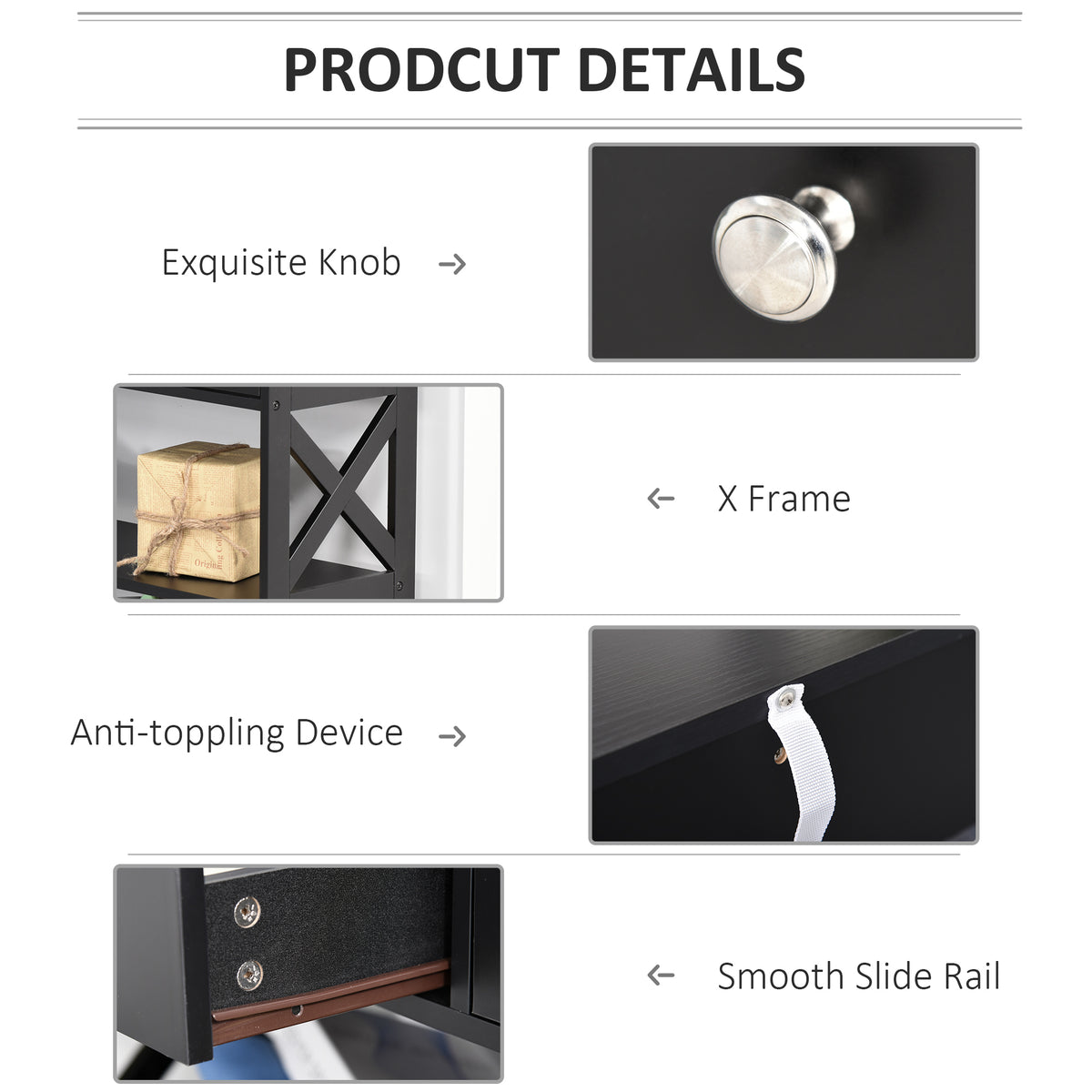 Black console table detail collage showing silver knobs, X-frame supports, anti-tip strap and drawer rail.