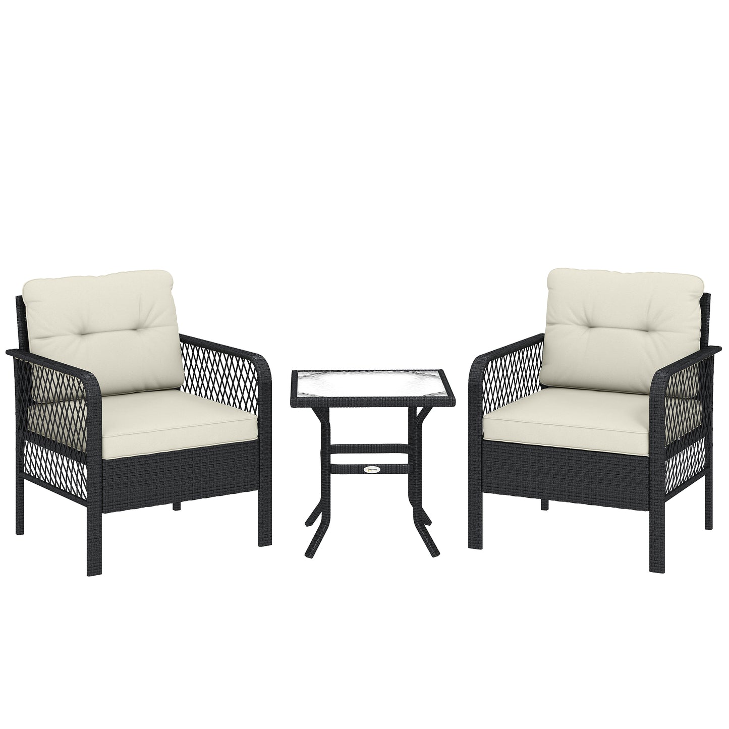 Photo of Outsunny 3 Pieces Rattan Bistro Set with Glass Top Coffee Table, Chairs and Cushions for Outdoor, Patio, Balcony, Cream in Cream colour on a white background