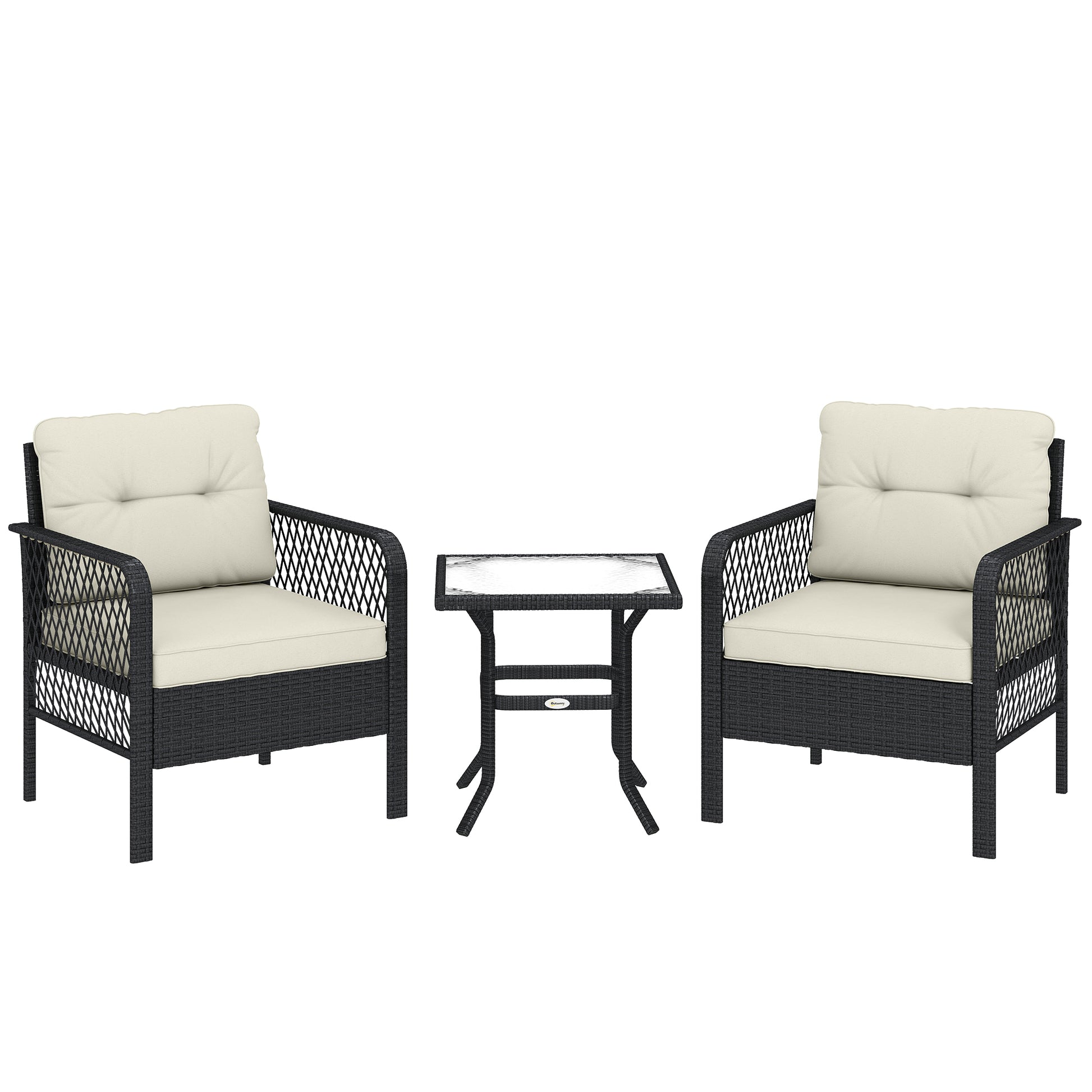Photo of Outsunny 3 Pieces Rattan Bistro Set with Glass Top Coffee Table, Chairs and Cushions for Outdoor, Patio, Balcony, Cream in Cream colour on a white background
