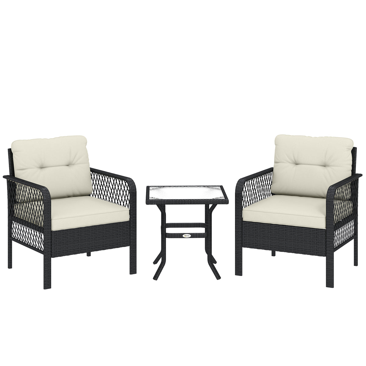 Photo of Outsunny 3 Pieces Rattan Bistro Set with Glass Top Coffee Table, Chairs and Cushions for Outdoor, Patio, Balcony, Cream in Cream colour on a white background