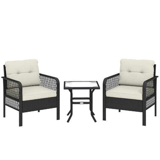 Photo of Outsunny 3 Pieces Rattan Bistro Set with Glass Top Coffee Table, Chairs and Cushions for Outdoor, Patio, Balcony, Cream in Cream colour on a white background