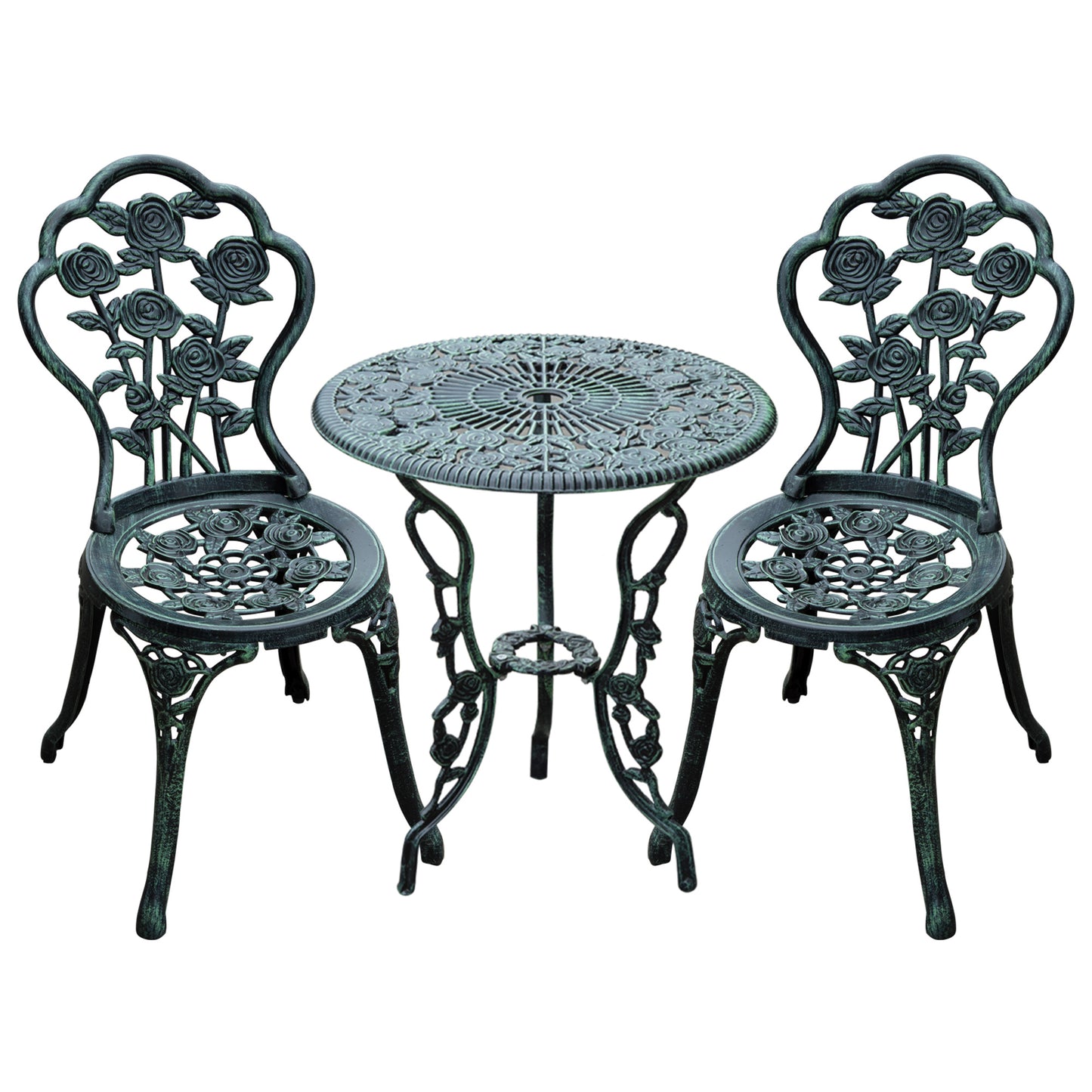 Photo of Outsunny Cast Aluminium Outdoor Patio Garden Bistro Elegant Design Table Chair Set - Green (3-Piece) in (3-Piece) colour on a white background