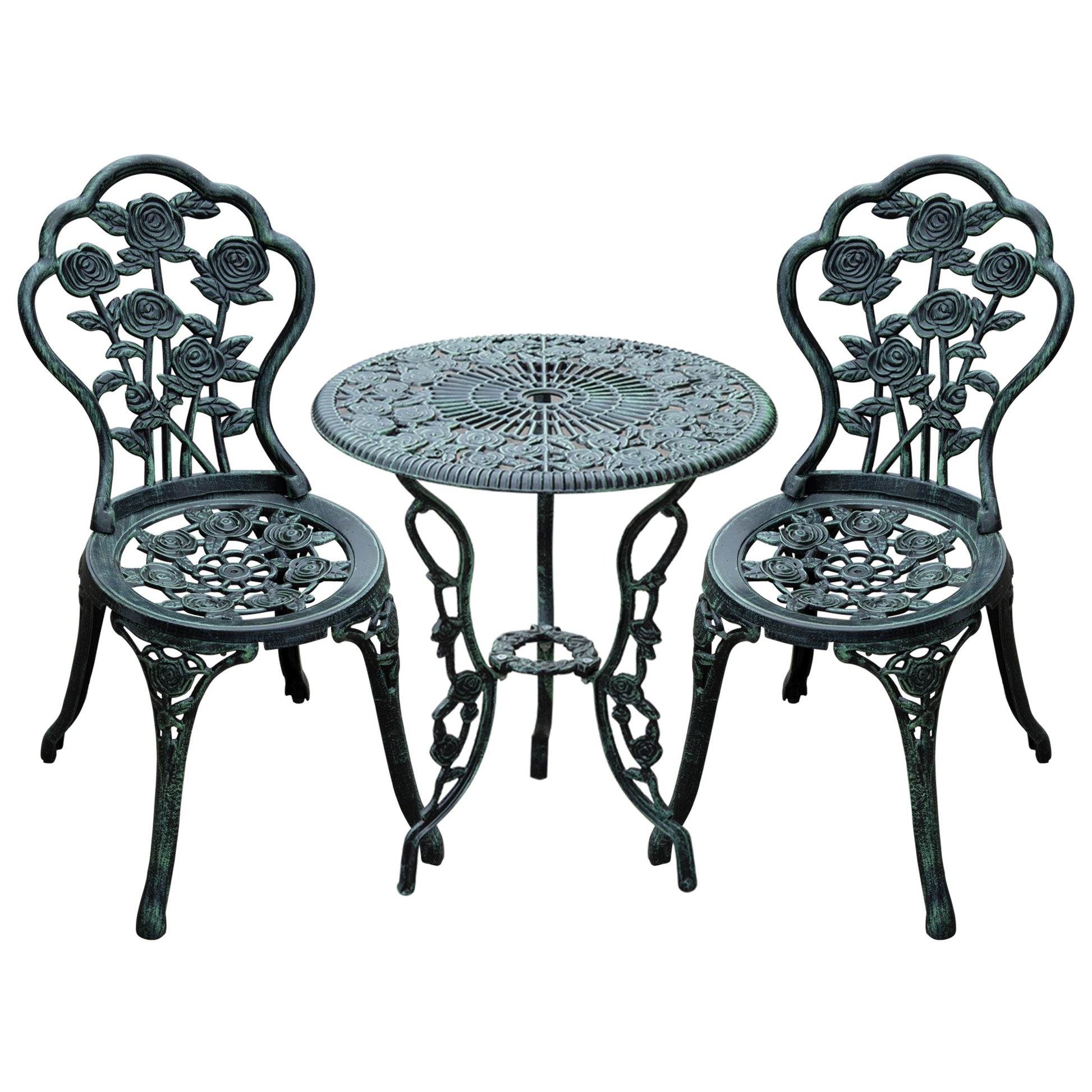 Photo of Outsunny Cast Aluminium Outdoor Patio Garden Bistro Elegant Design Table Chair Set - Green (3-Piece) in (3-Piece) colour on a white background