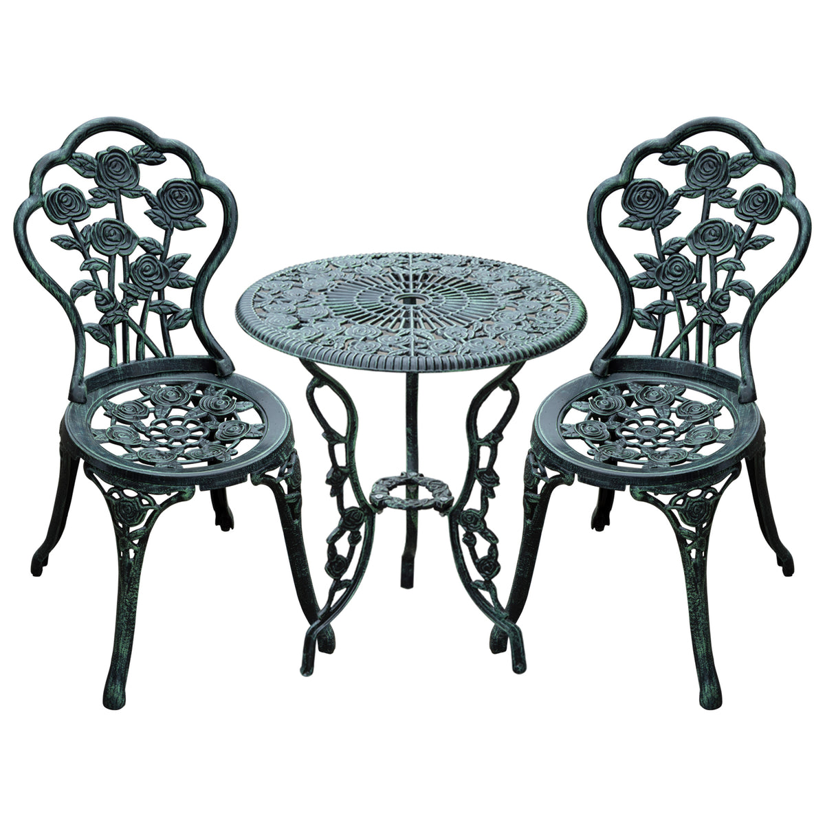 Photo of Outsunny Cast Aluminium Outdoor Patio Garden Bistro Elegant Design Table Chair Set - Green (3-Piece) in (3-Piece) colour on a white background