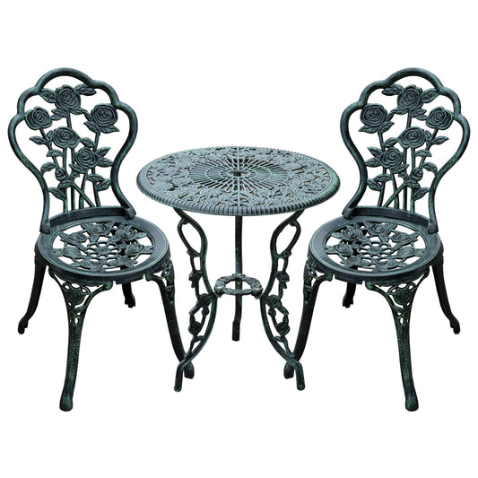 Photo of Outsunny Cast Aluminium Outdoor Patio Garden Bistro Elegant Design Table Chair Set - Green (3-Piece) in (3-Piece) colour on a white background