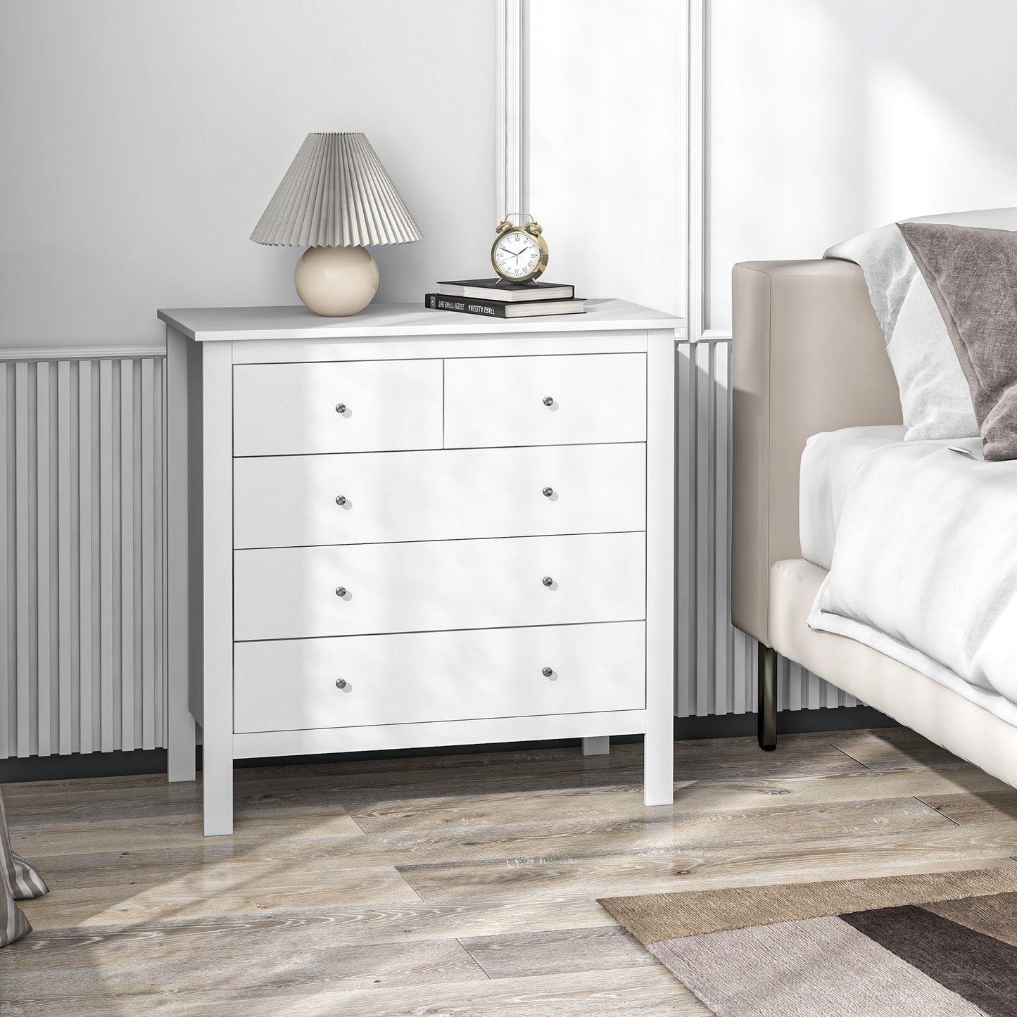 HOMCOM 5 Drawer Chest of Drawers, Modern Dresser for Bedroom, Wide Storage Unit for Living Room, Hallway, Closet, White