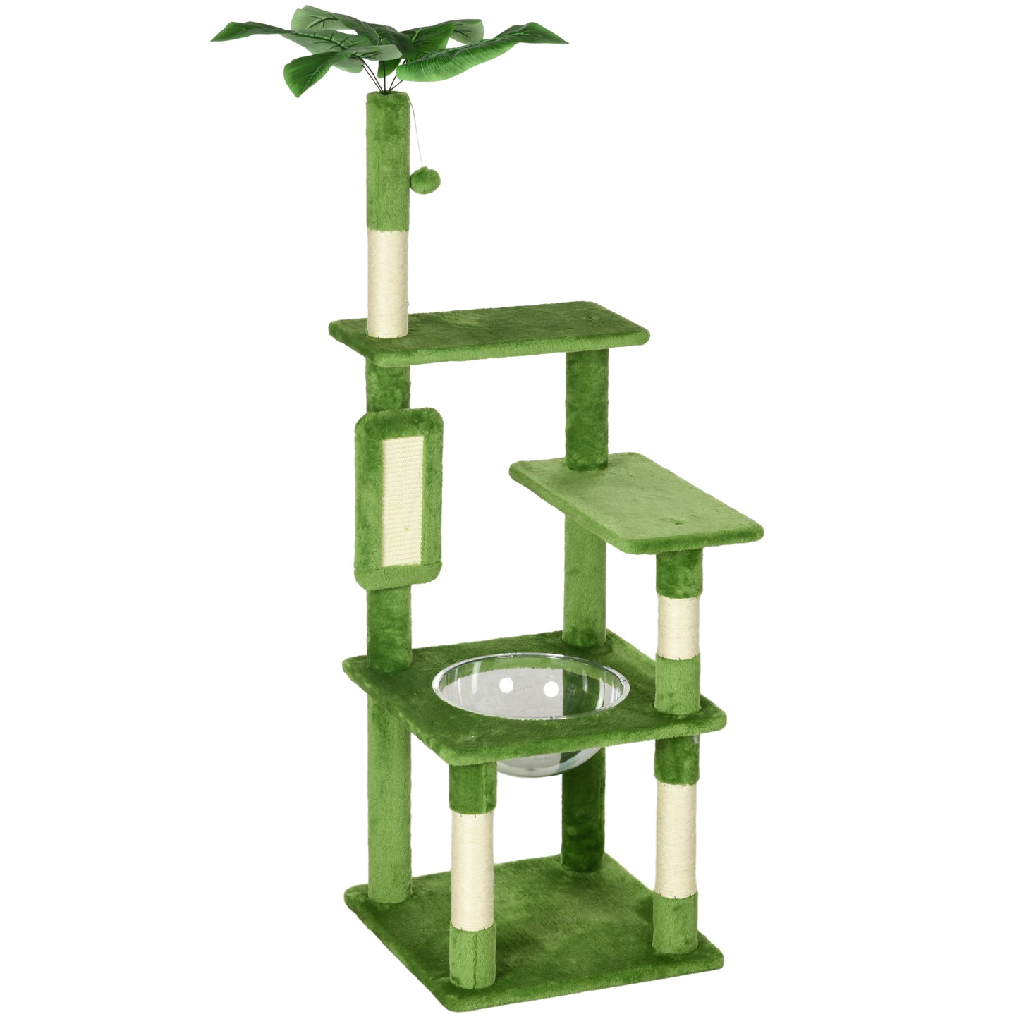 Photo of PawHut 142cm Cat Tree Tower, with Scratching Post, Hammock, Toy Ball, Platforms - Green in Green colour on a white background