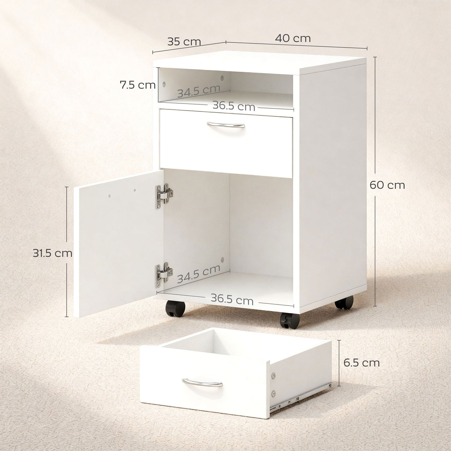 HOMCOM Filing Cabinet, Mobile File Cabinet with 2 Lockable Drawers, Office Home Organiser on Wheels for A4, Letter-Size File Folders, Mobile Printer with Open Shelf, White