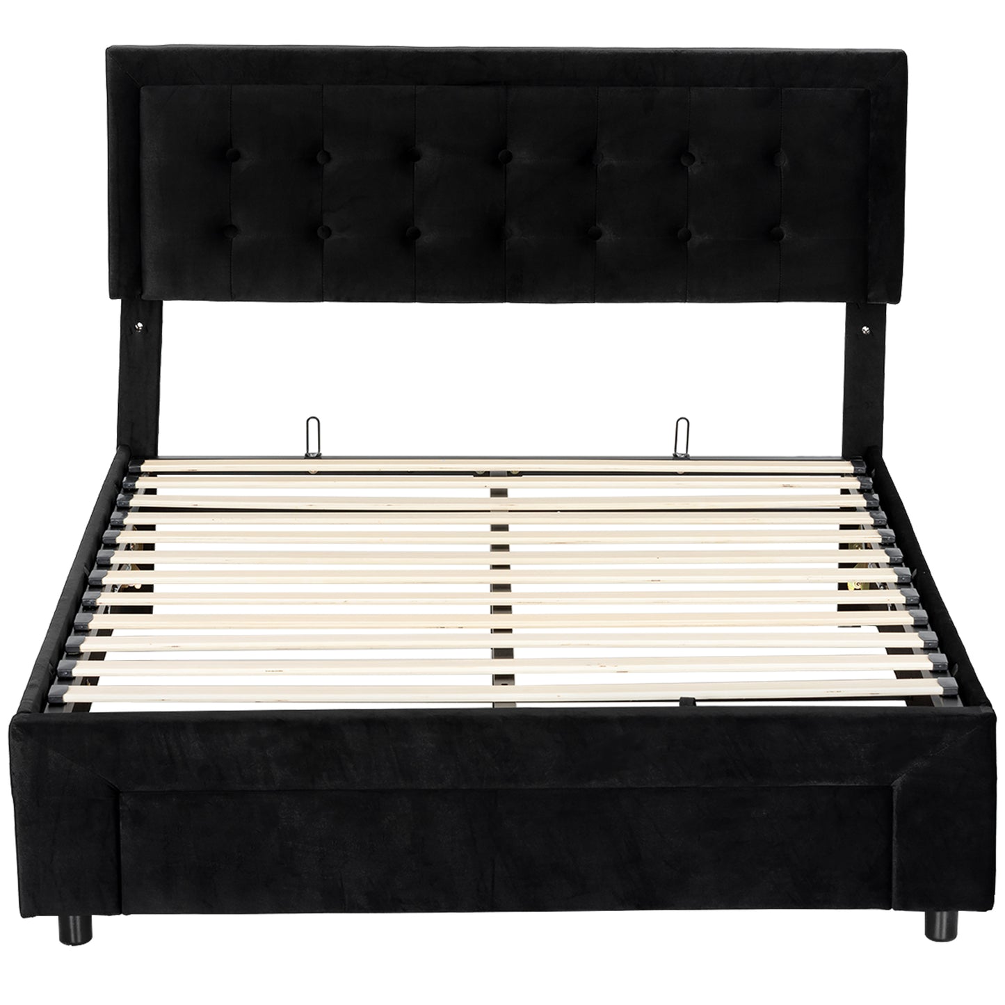 Photo of HOMCOM King Ottoman Bed Frame, Upholstered Bed Frame with Storage Drawer and Adjustable Headboard, 5ft, Black in Black colour on a white background