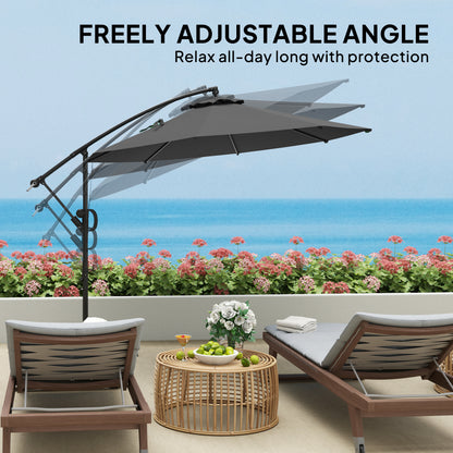 Grey cantilever umbrella shown with an adjustable canopy angle