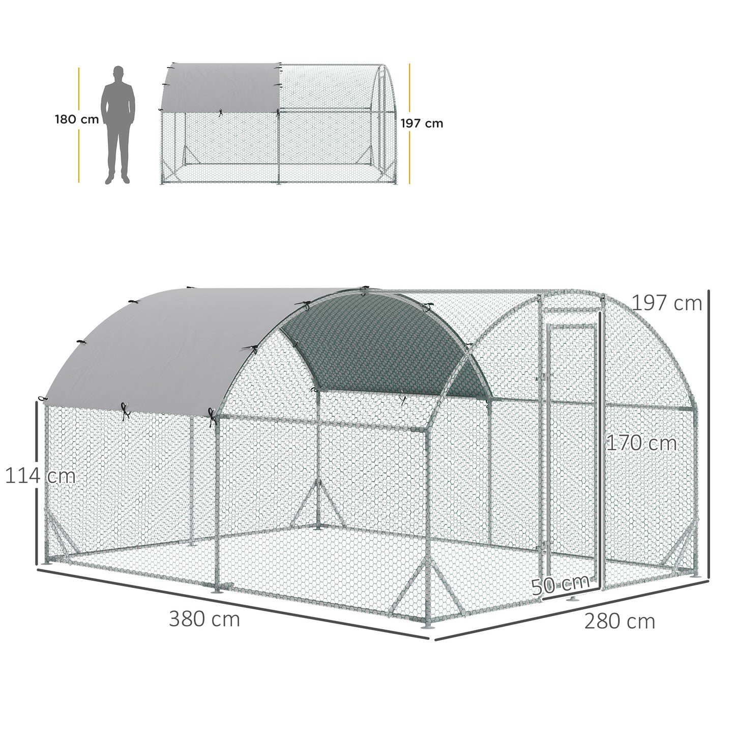PawHut 2.8 x 3.8 x 2m Walk In Chicken Run Galvanised Chicken Coop with Water-Resist Cover, Silver