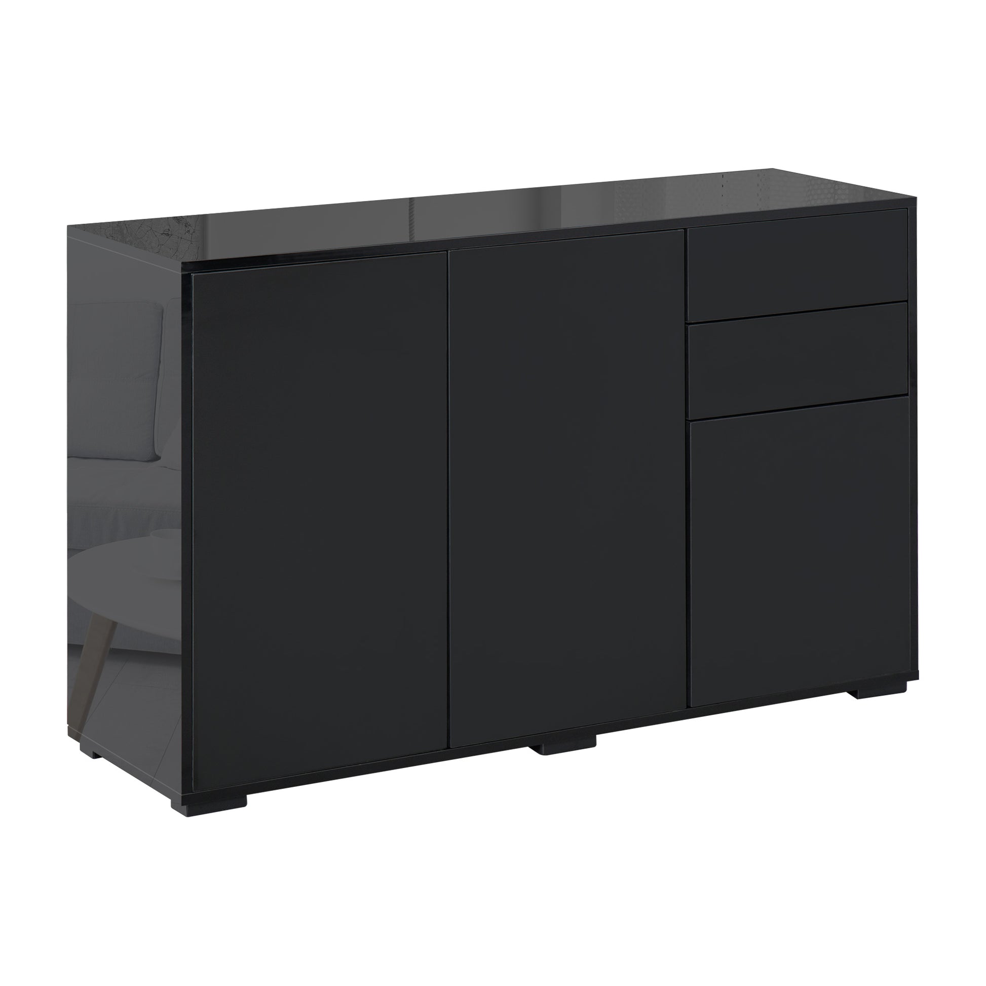 Photo of HOMCOM High Gloss Side Cabinet, Push-Open Design with 2 Drawers and 2 Cabinets for Living Room, 74H x 117W x 36Dcm, Black in Black colour on a white background