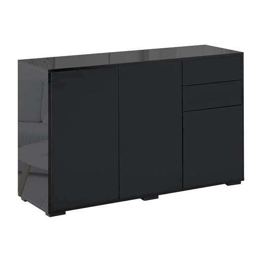 Photo of HOMCOM High Gloss Side Cabinet, Push-Open Design with 2 Drawers and 2 Cabinets for Living Room, 74H x 117W x 36Dcm, Black in Black colour on a white background