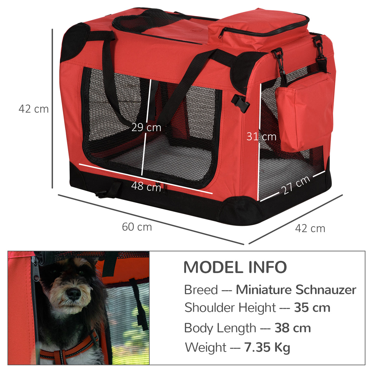 PawHut Foldable Cat Carrier for Small and Miniature Dogs, Portable Pet Carrier Soft Side Pet Travel Crate with Removable Mat, Storage Bags, Breathable Mesh Window 60 x 42 x 42cm - Red