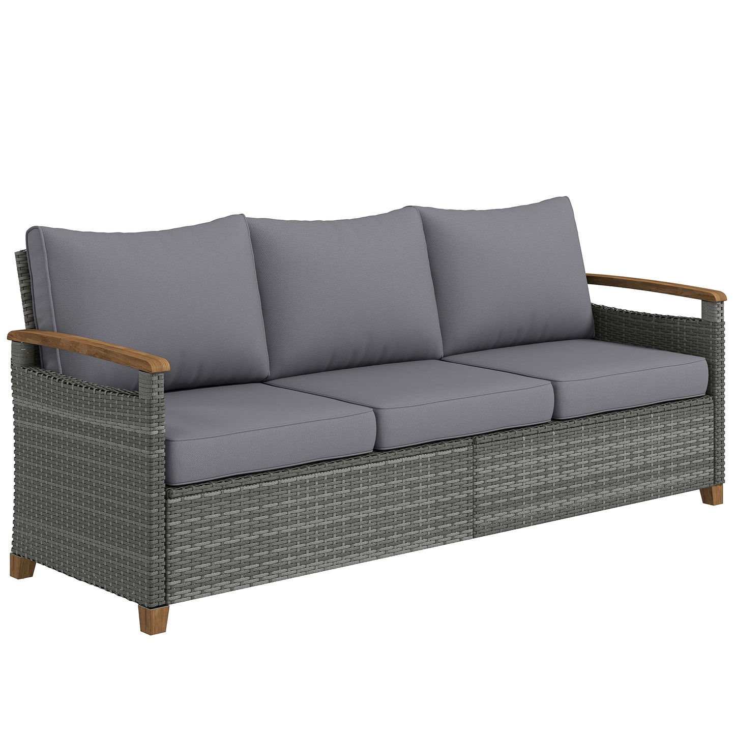 Photo of Outsunny 3 Seater Rattan Garden Sofa, PE Wicker Outdoor Sofa Wide Deep Seat, 4" Cushions, Wood-Effect Armrests Legs, Dark Grey in Grey colour on a white background