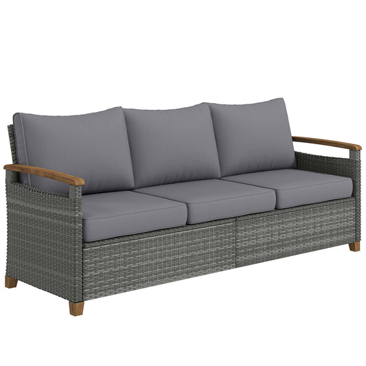 Photo of Outsunny 3 Seater Rattan Garden Sofa, PE Wicker Outdoor Sofa Wide Deep Seat, 4" Cushions, Wood-Effect Armrests Legs, Dark Grey in Grey colour on a white background