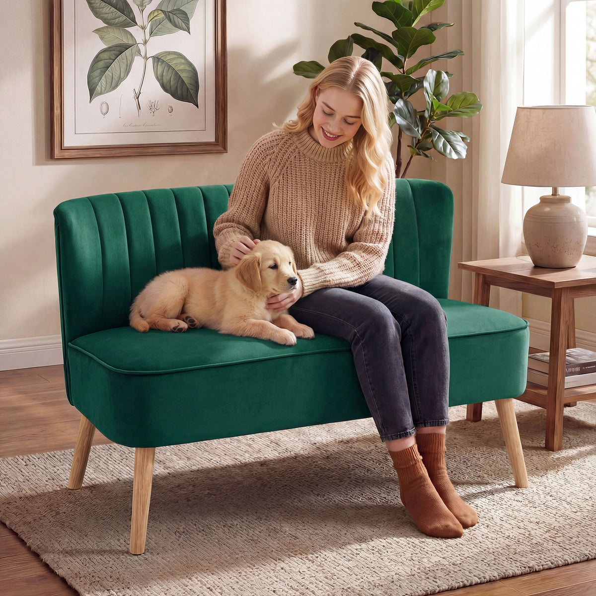 HOMCOM 117cm Loveseat Sofa Upholstered Small 2 Seater Sofa  with Thick Padded Seat and Rubber Wood Legs, Dark Green