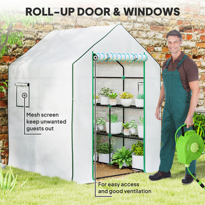 Walk-in greenhouse with open roll-up door, side windows and plant shelves