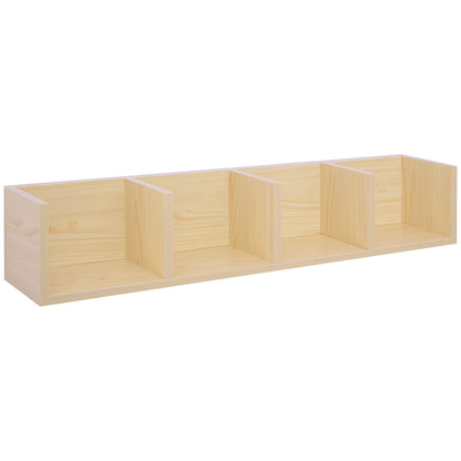 Natural wood media shelf with four open storage compartments, shown at an angle.