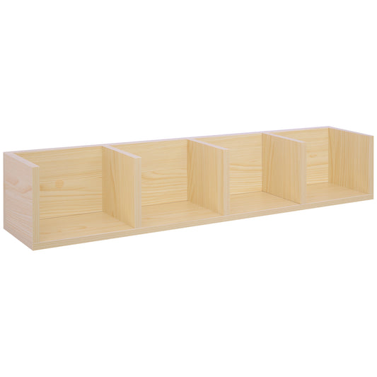 Natural wood media shelf with four open storage compartments, shown at an angle.