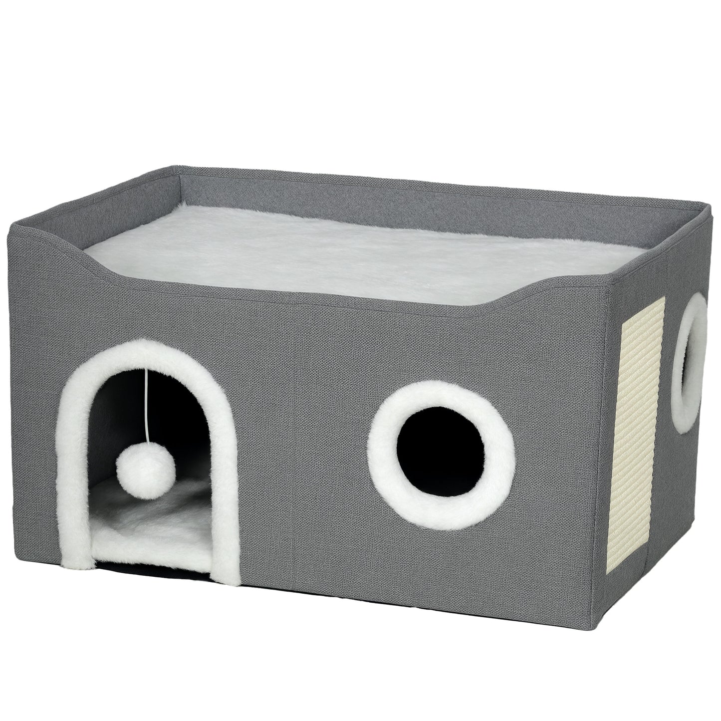 Photo of PawHut Cat Bed for Indoor Pets, Foldable Cat House with Fluffy Ball and Scratch Pad for Small and Medium Pets, Grey in Grey colour on a white background