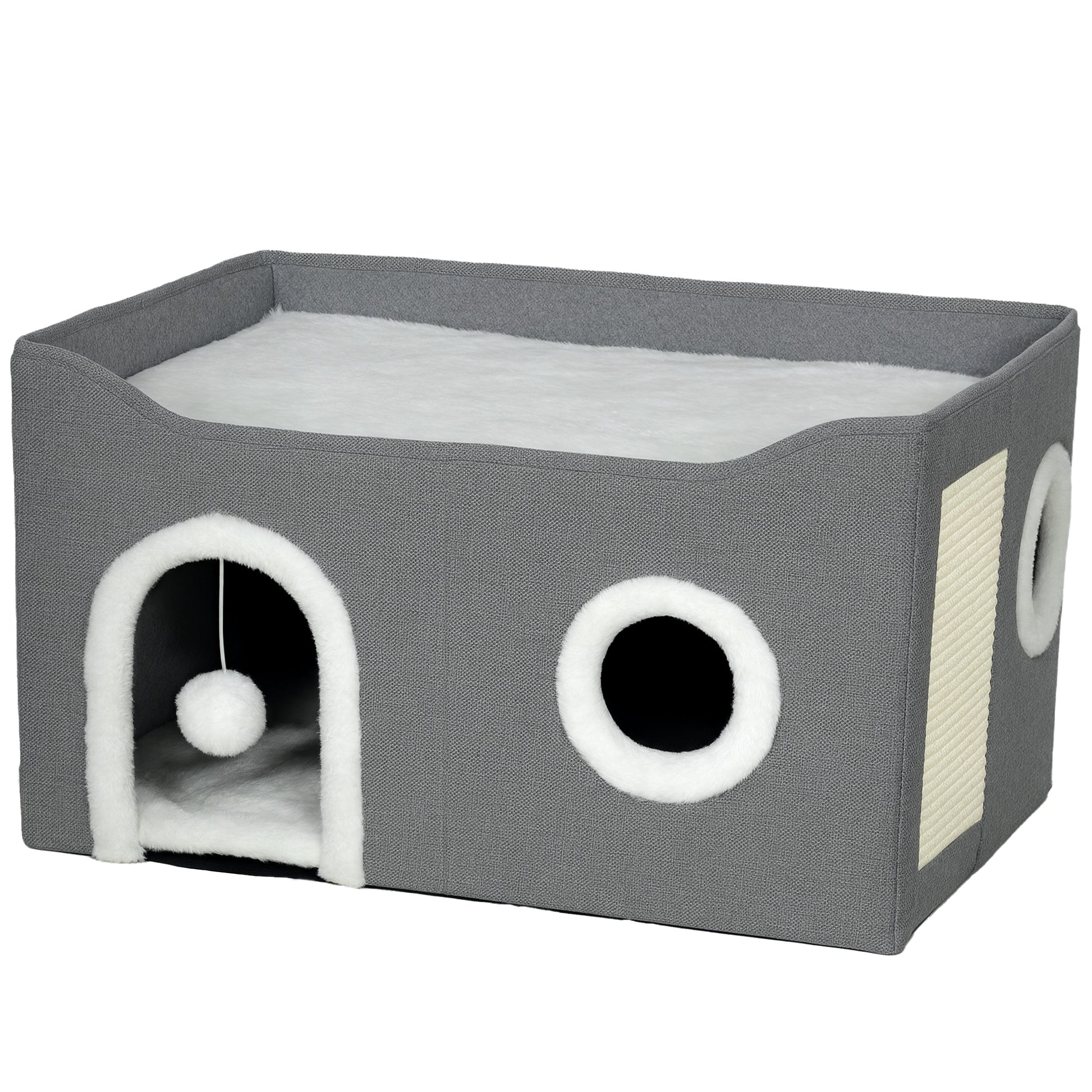 Photo of PawHut Cat Bed for Indoor Pets, Foldable Cat House with Fluffy Ball and Scratch Pad for Small and Medium Pets, Grey in Grey colour on a white background