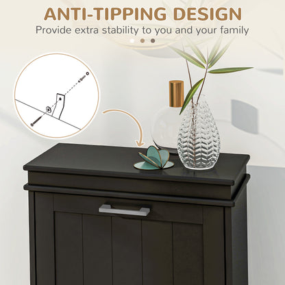 Black shoe cabinet with a wide top and drawer handle, illustrating its anti-tip wall attachment.