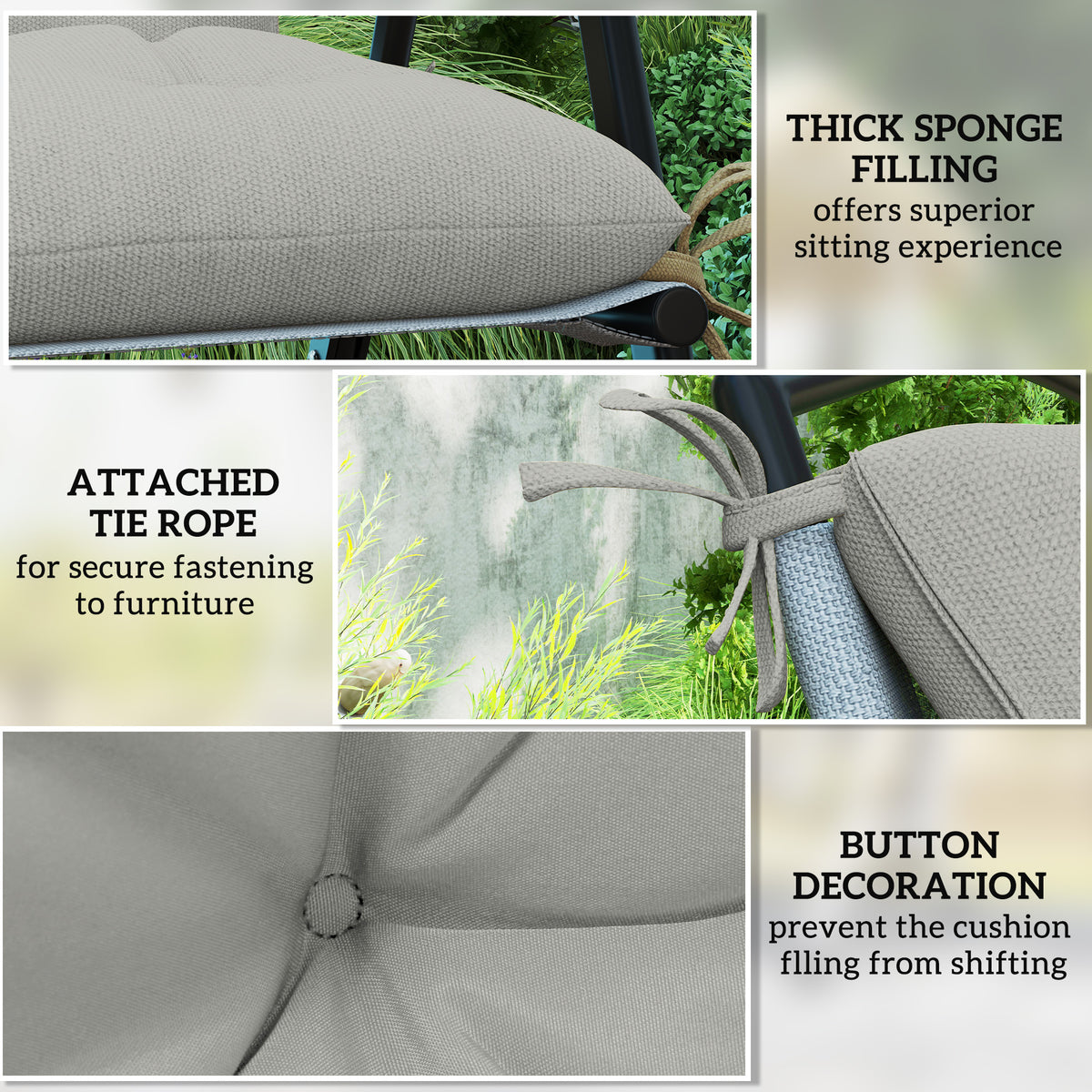 Cushion detail showing thick padding, attached tie ropes, and tufted button stitching