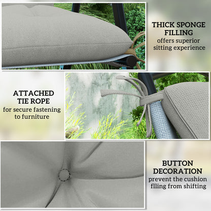 Cushion detail showing thick padding, attached tie ropes, and tufted button stitching