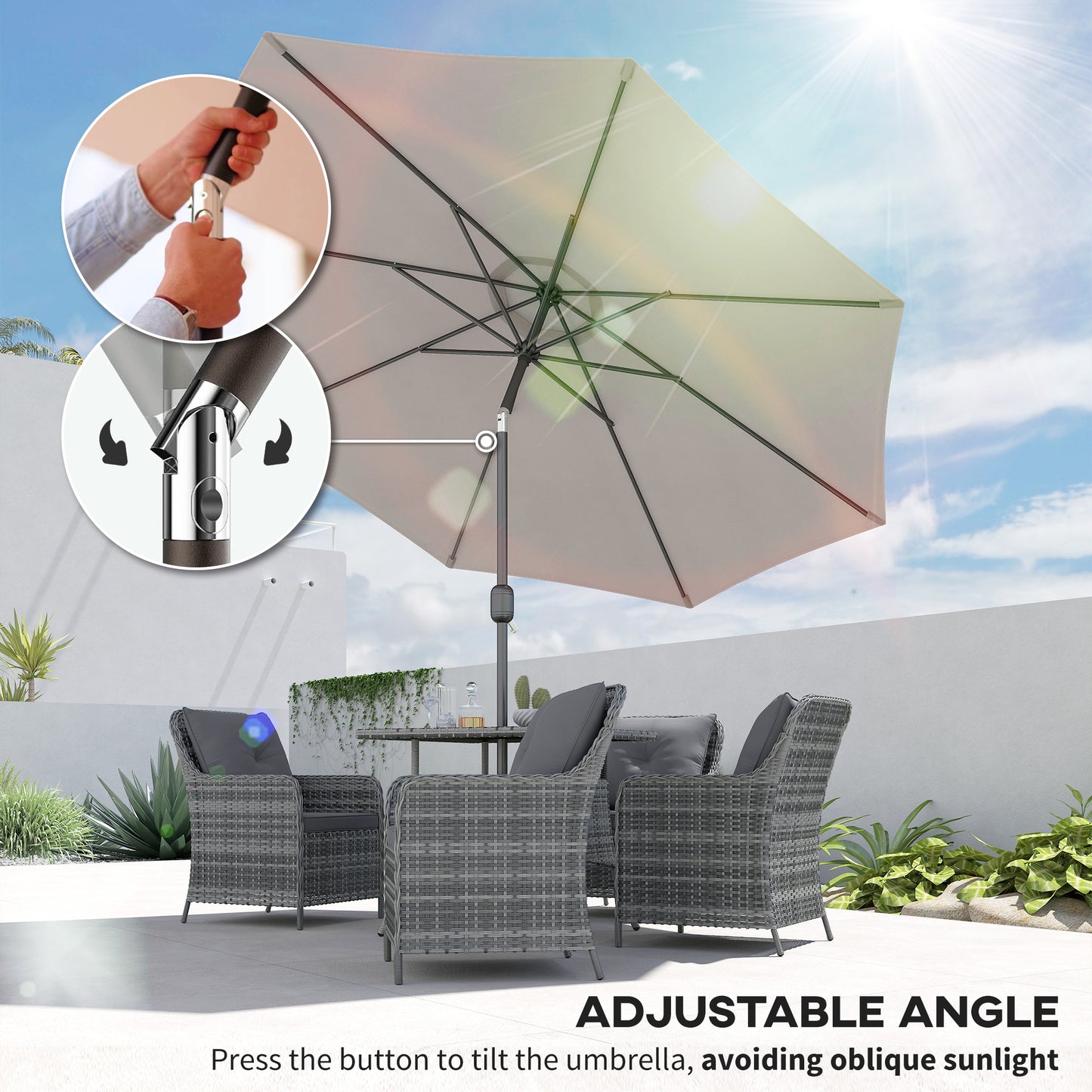 Outsunny 3(m) Tilting Parasol Garden Umbrellas, Outdoor Sun Shade with 8 Ribs, Tilt and Crank Handle for Balcony, Bench, Garden, Light Grey