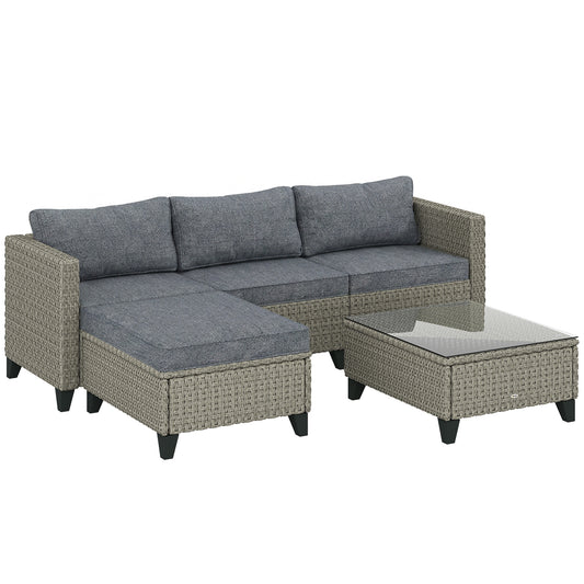 Photo of Outsunny 5-Piece Rattan Patio Furniture Set with Corner Sofa, Footstools, Coffee Table, for Poolside, Dark Grey in Grey colour on a white background