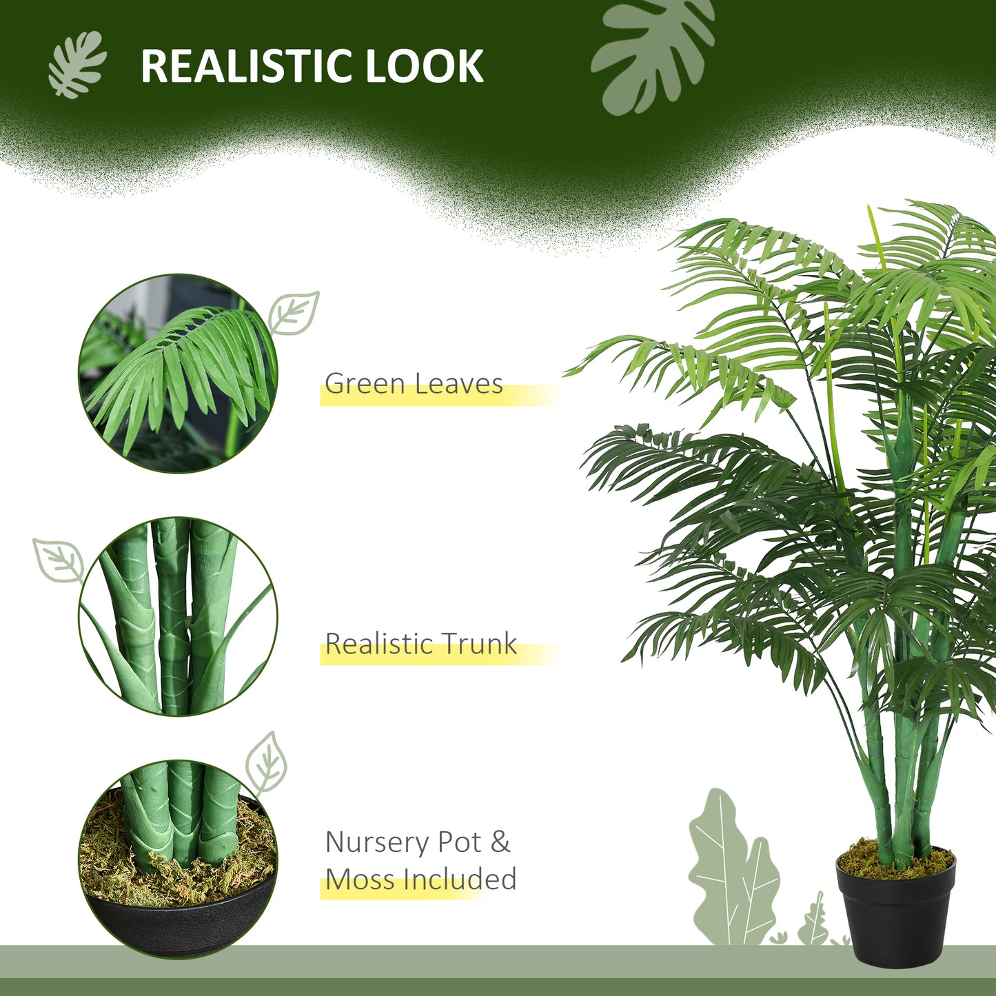 Outsunny 125cm/4FT Artificial Palm Plant Decorative Tree with Nursery Pot, Fake Plastic Indoor Home Office Décor, Green