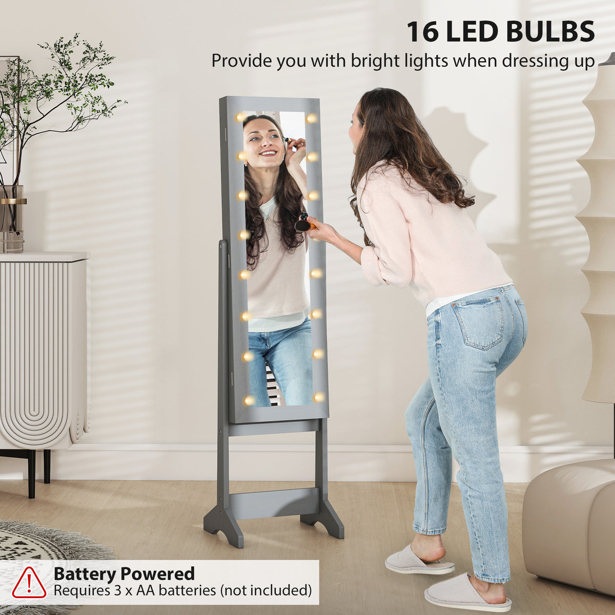 HOMCOM Freestanding Mirrored Jewellery Storage Cabinet - Grey