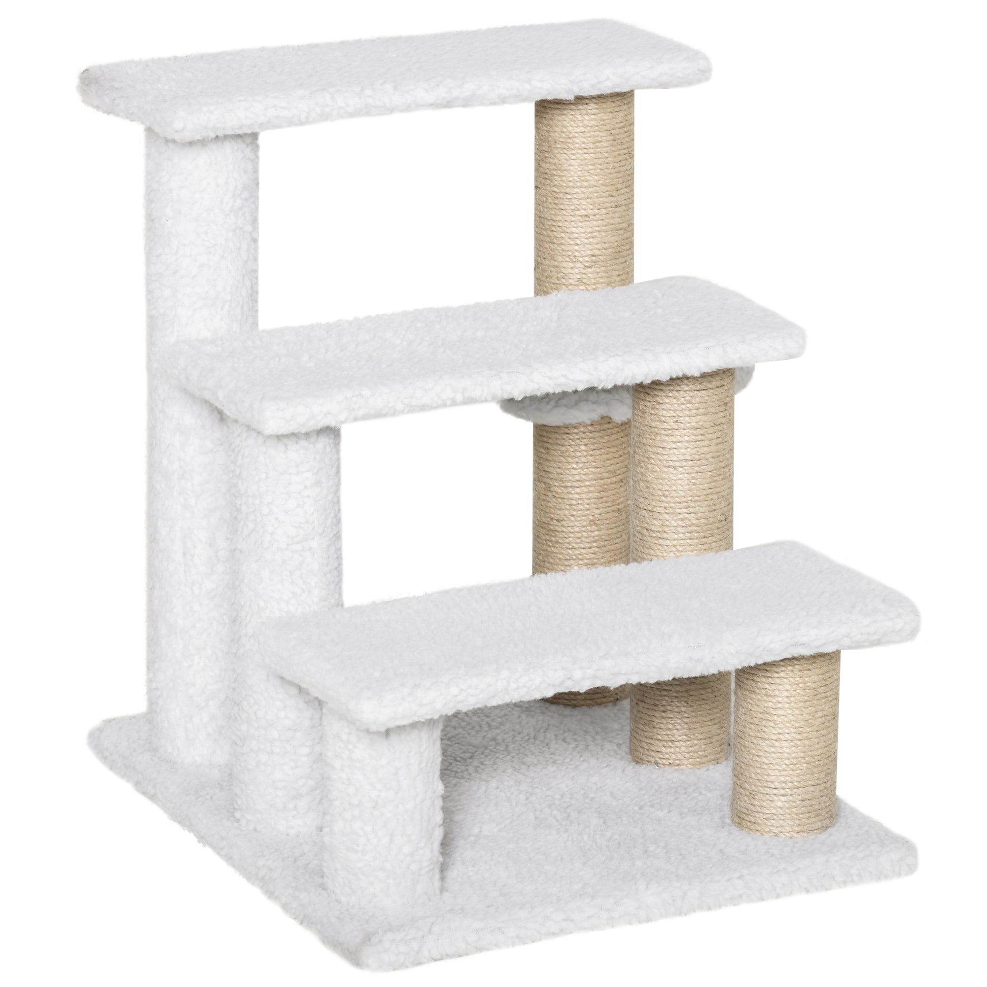 Photo of PawHut Pet Stair with 3-step Climb Ladder, Scratching Posts, Platforms, Toy Ball, for Indoor Elderly Cats Kittens, White in White colour on a white background