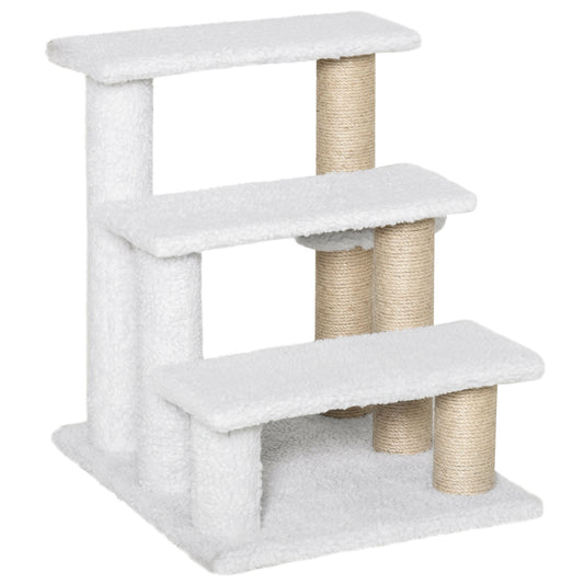 Photo of PawHut Pet Stair with 3-step Climb Ladder, Scratching Posts, Platforms, Toy Ball, for Indoor Elderly Cats Kittens, White in White colour on a white background