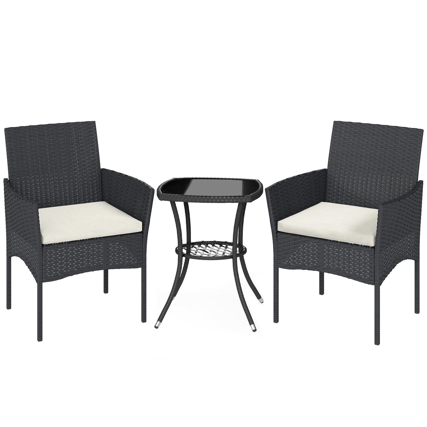 Photo of Outsunny 3 Piece Rattan Bistro Set, PE Wicker Garden Furniture Conversation Set with 2 Tier Glass-Top Table, Chairs, Cream White in White colour on a white background