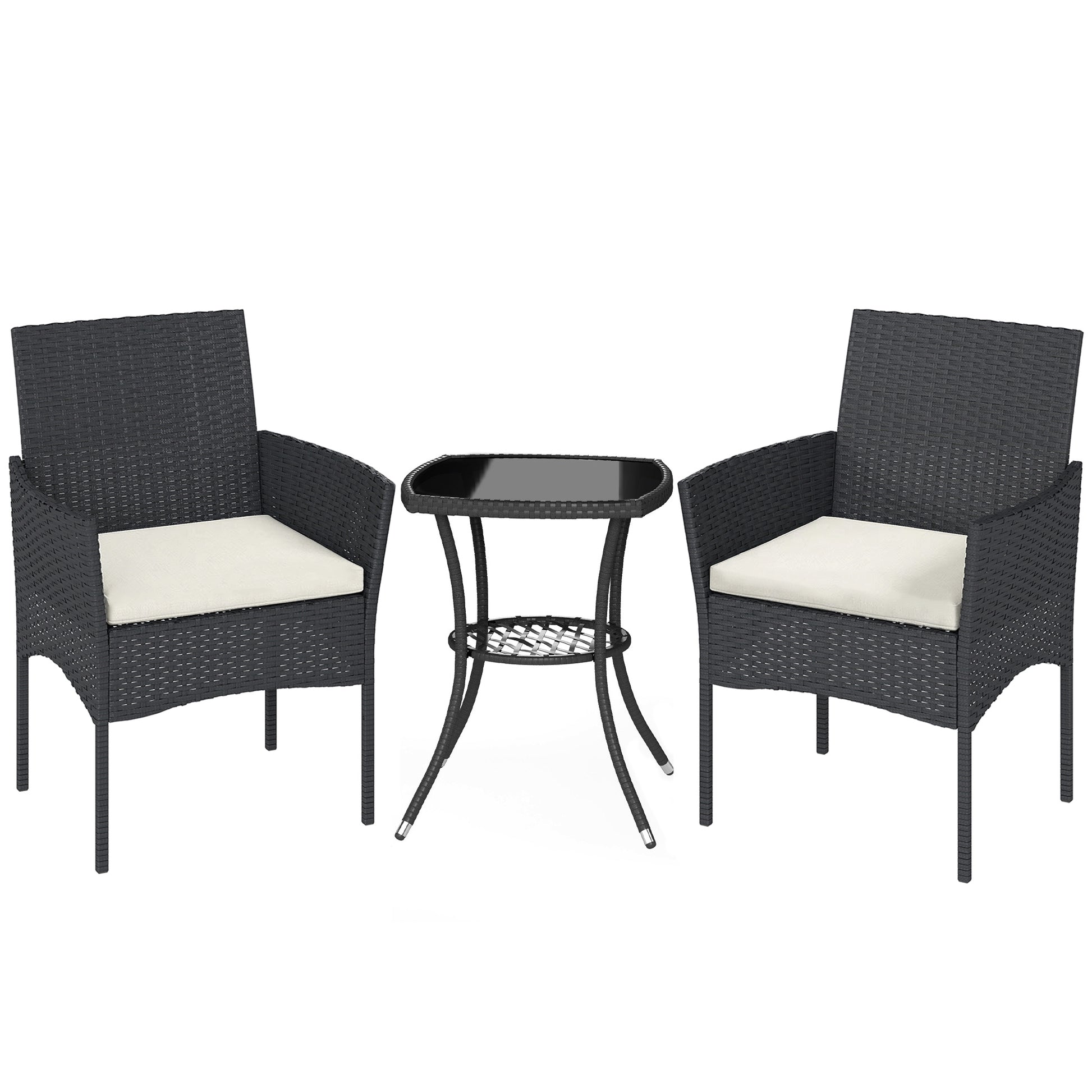 Photo of Outsunny 3 Piece Rattan Bistro Set, PE Wicker Garden Furniture Conversation Set with 2 Tier Glass-Top Table, Chairs, Cream White in White colour on a white background