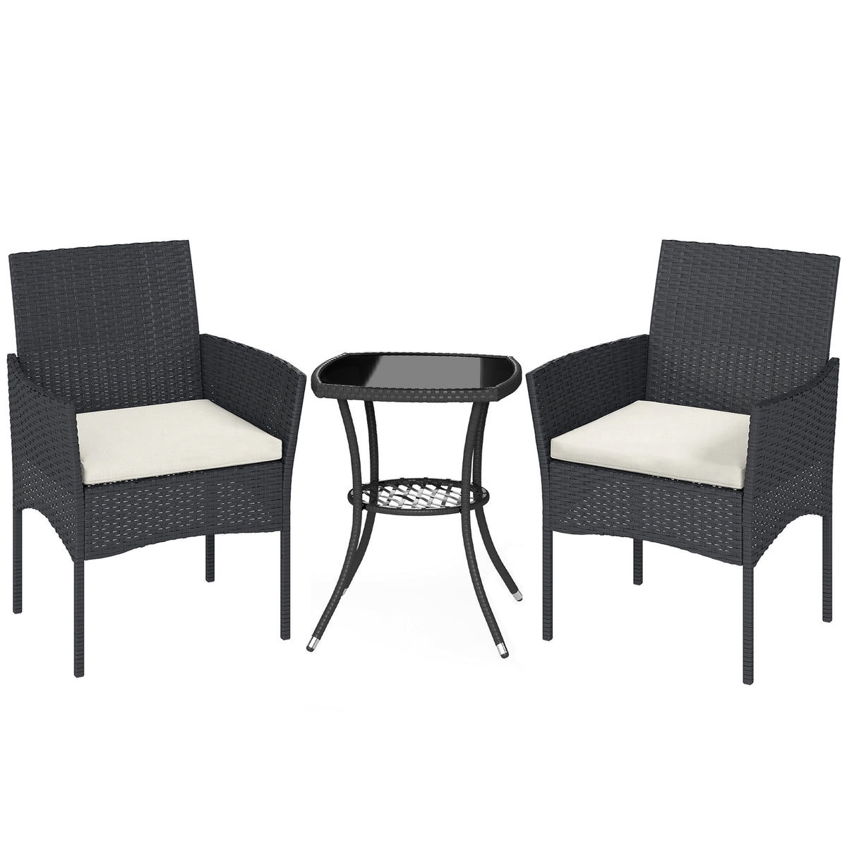 Photo of Outsunny 3 Piece Rattan Bistro Set, PE Wicker Garden Furniture Conversation Set with 2 Tier Glass-Top Table, Chairs, Cream White in White colour on a white background