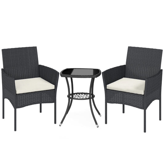 Photo of Outsunny 3 Piece Rattan Bistro Set, PE Wicker Garden Furniture Conversation Set with 2 Tier Glass-Top Table, Chairs, Cream White in White colour on a white background