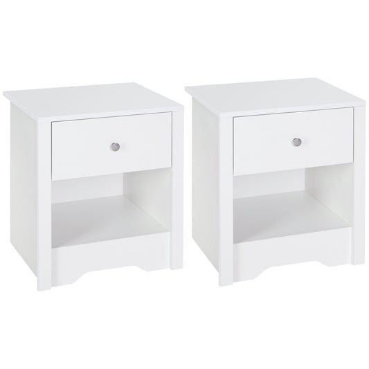 Photo of HOMCOM Bedside Table, Nightstand with Drawer and Open Shelf, End Table for Living room, Bedroom, Set of 2, White in White colour on a white background