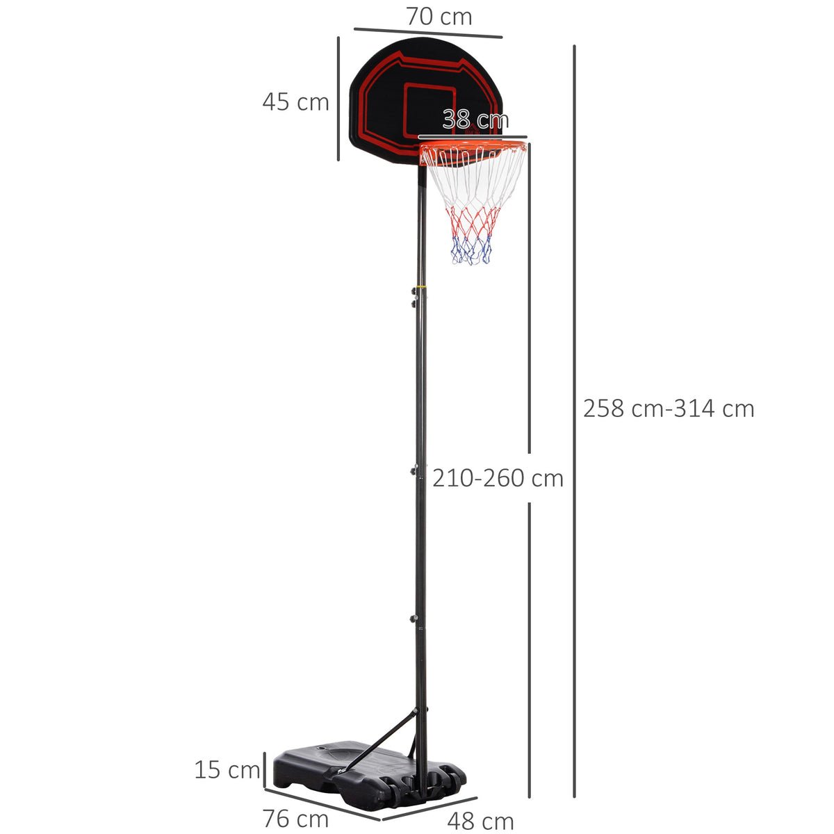 Portable basketball hoop stand with dimensions for the backboard, pole height, and base